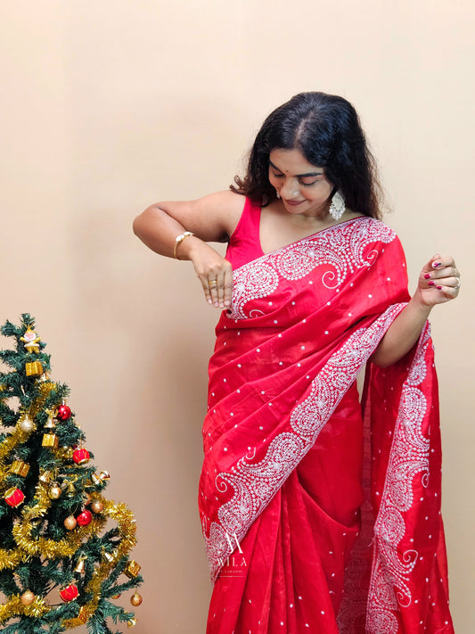 Semi Tusser white carry Embroidery Saree