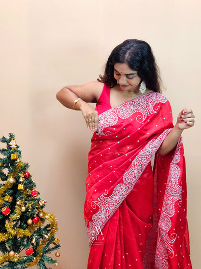 Semi Tusser white carry Embroidery Saree