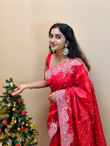 Semi Tusser white carry Embroidery Saree