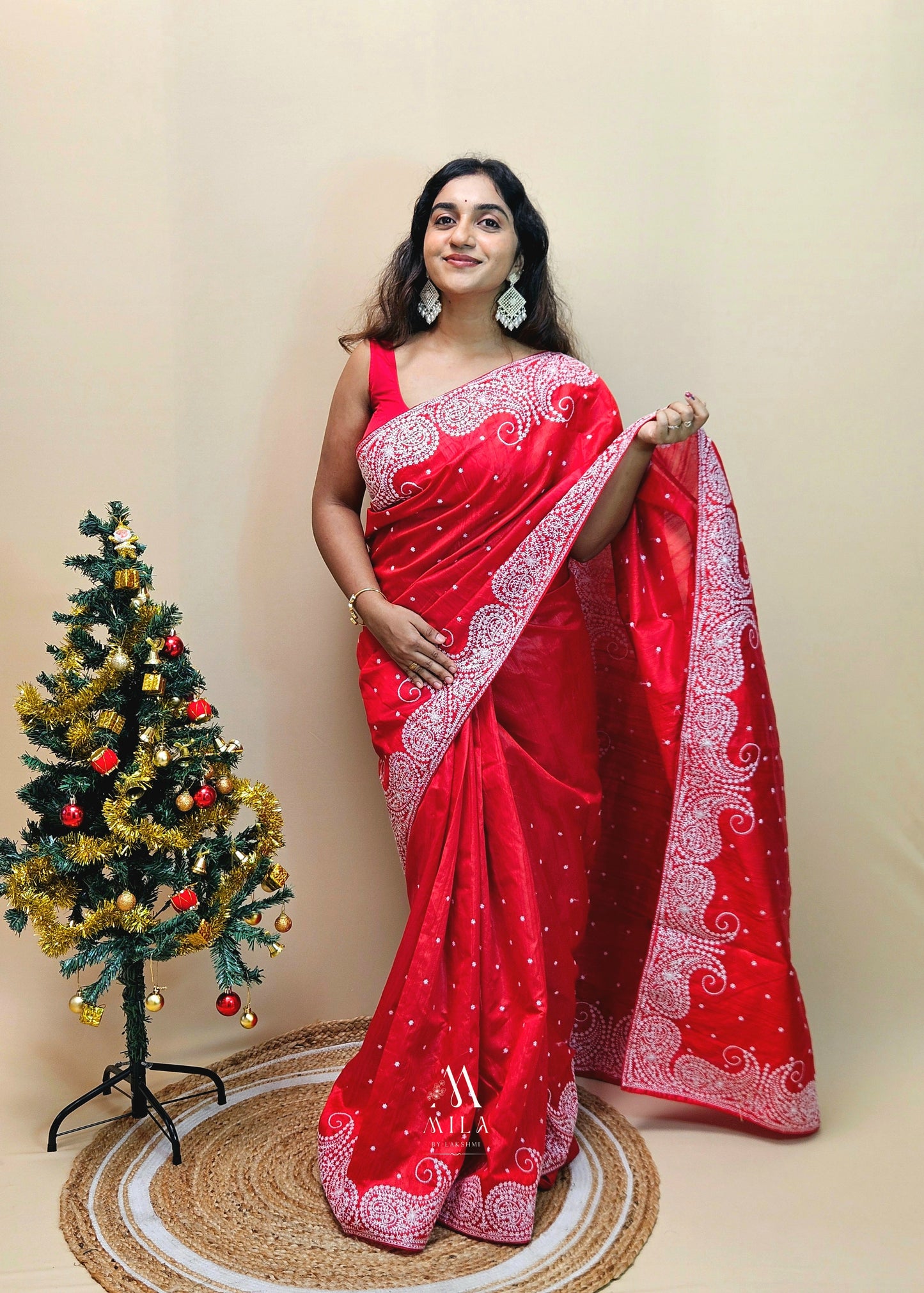 Semi Tusser white carry Embroidery Saree