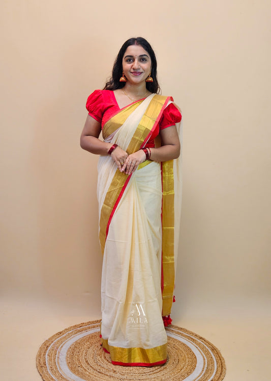 Red Kasav Mulcotton Saree