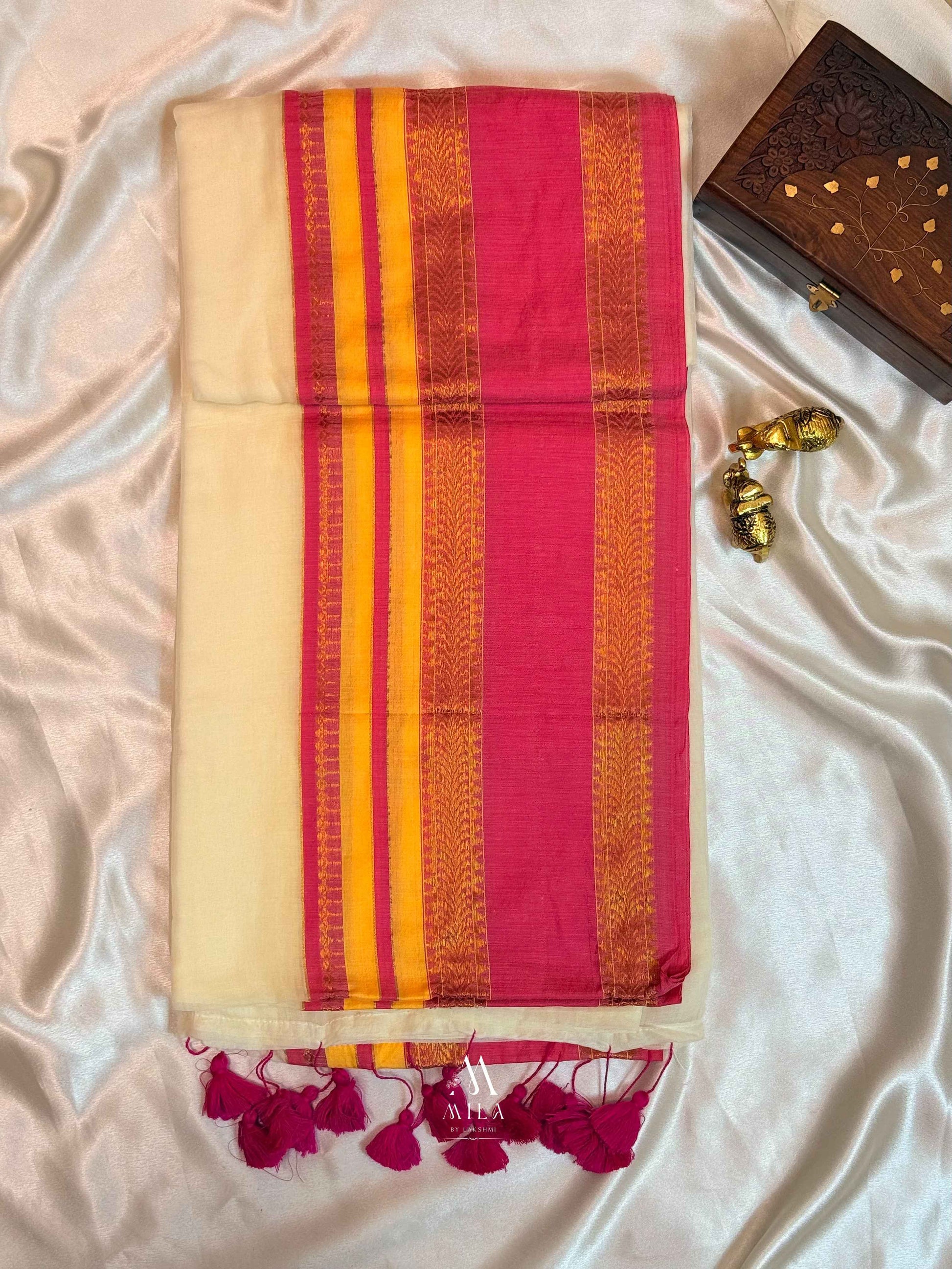 Gulabi Pink Kasavu Mulcotton Saree