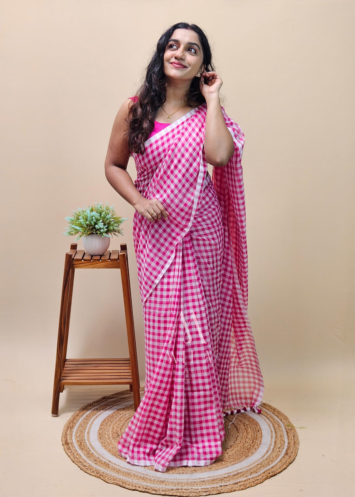 Pink Check Mulcotton Saree