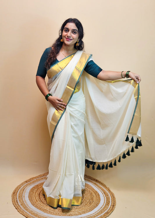 Green Kasav Mulcotton Saree - Mila by Lakshmi