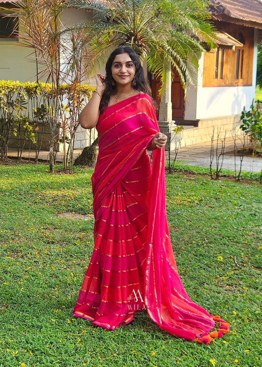 Rainbow Pink Mulcotton Saree - Mila by Lakshmi