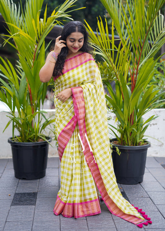 Pista Check Kanchi Border Saree