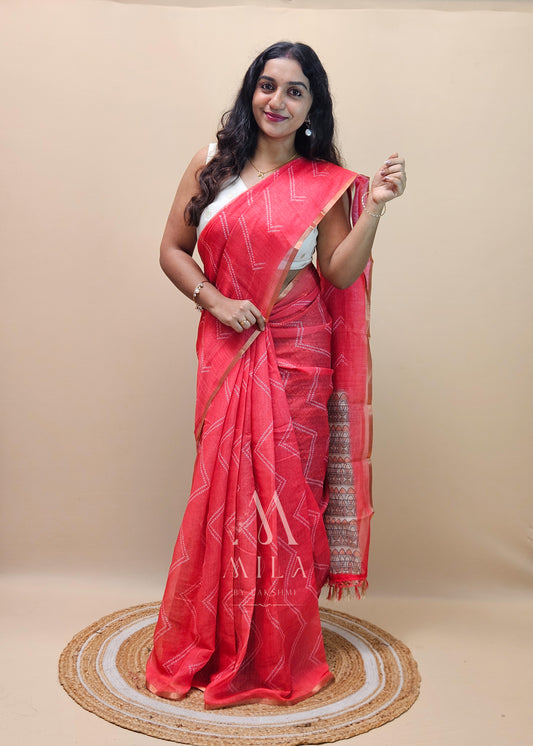 Rosy Zigzag Linen Cotton Saree