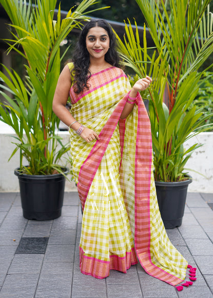 Pista Check Kanchi Border Saree