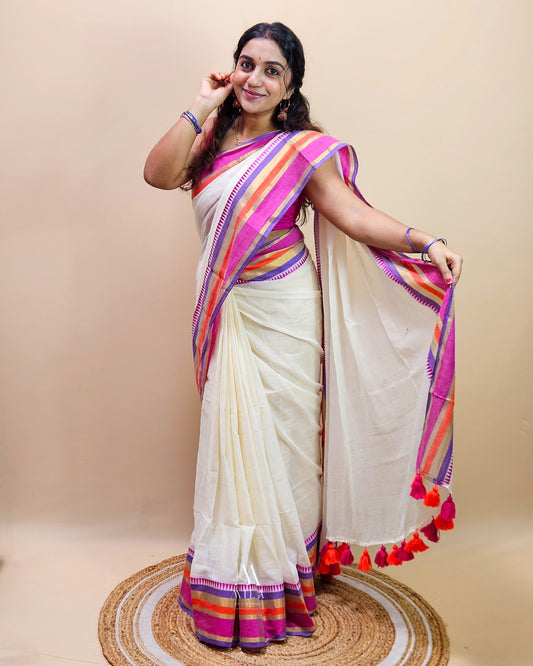 Multi Color Temple Border Mulcotton Saree - Mila by Lakshmi