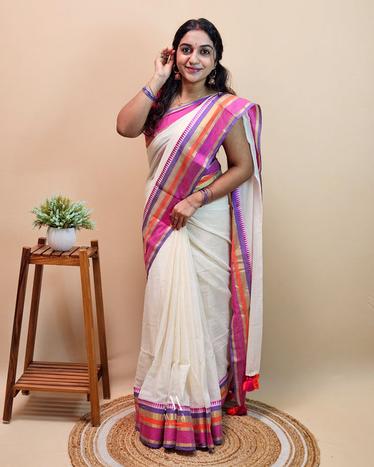Multi Color Temple Border Mulcotton Saree - Mila by Lakshmi